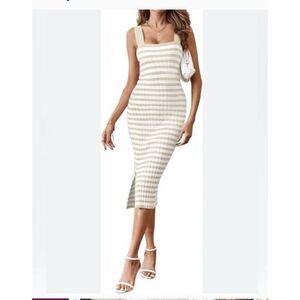 Merokeety Ribbed Striped Bodycon Dress Tan And Cream Size Small